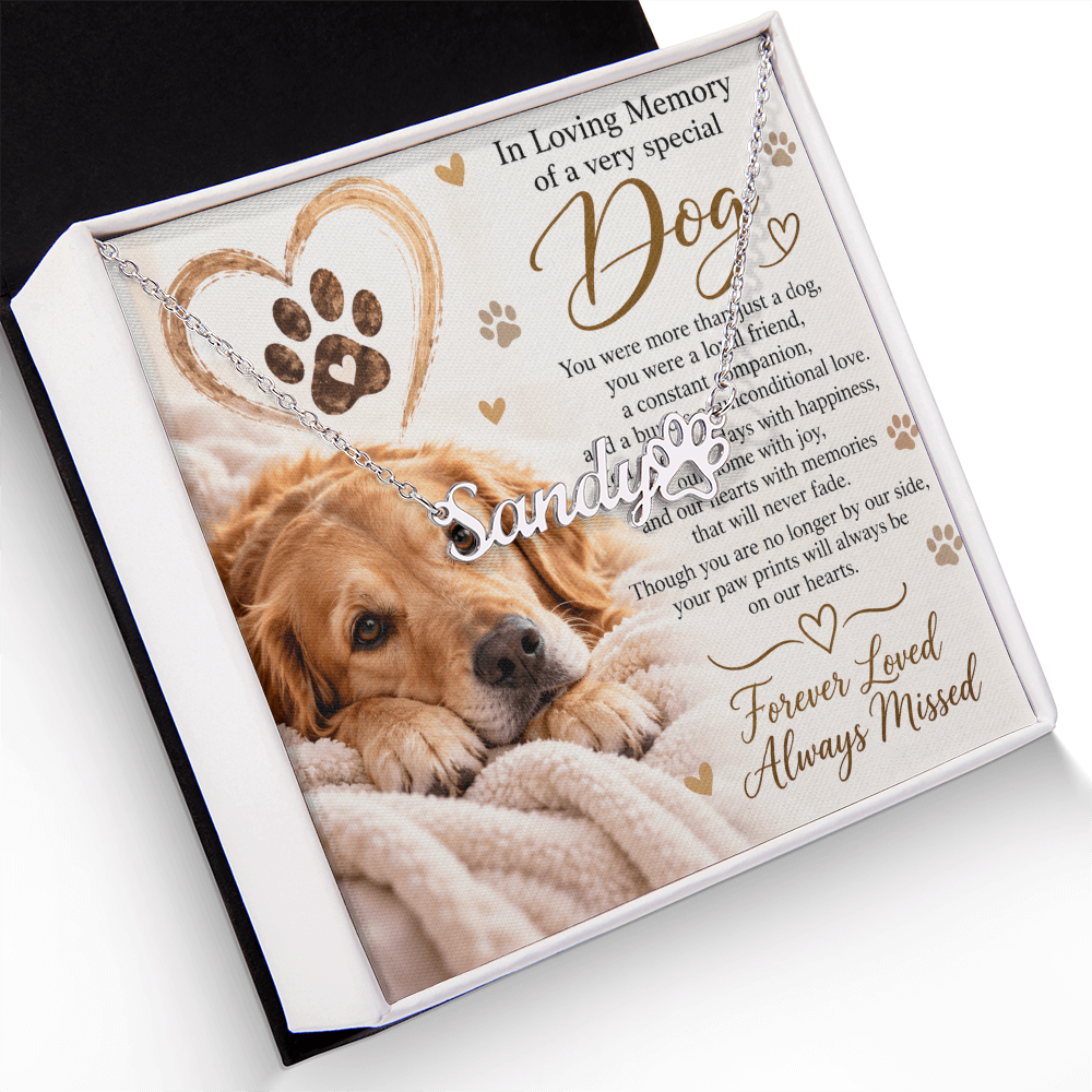 Dog Memorial Paw Print Name Necklace – Personalised Pet Keepsake