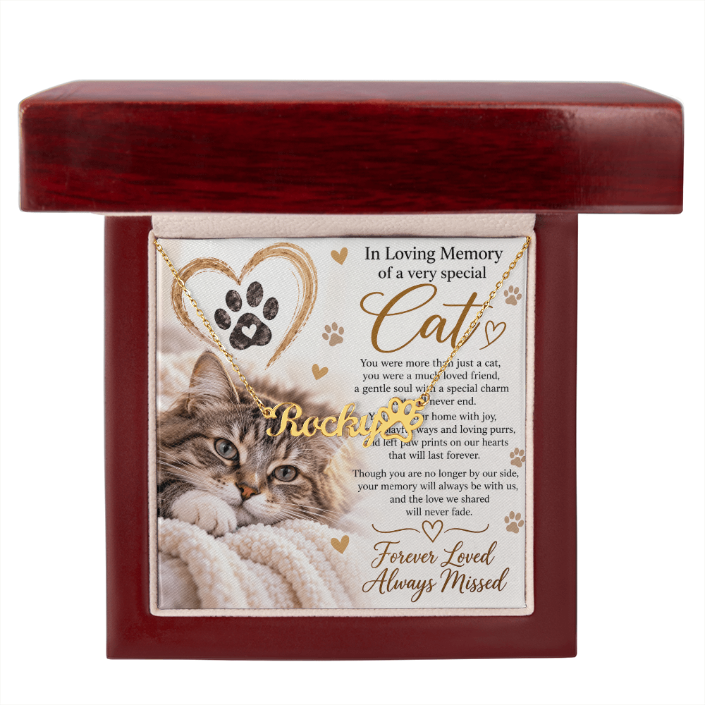 Cat Memorial Paw Print Name Necklace – Personalised Pet Keepsake