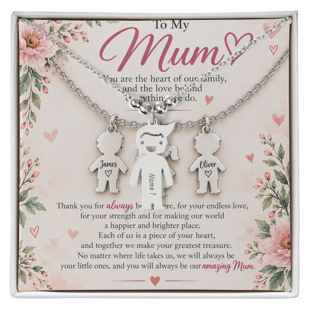 Personalised Mum Necklace with Up to 3 Engraved Child Charms – Mother's Gift