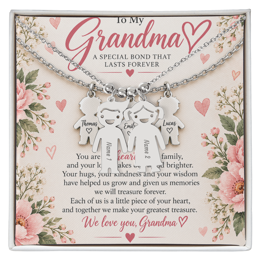 Personalised Grandma Necklace with Up to 3 Engraved Grandchild Charms – Gift for Grandma