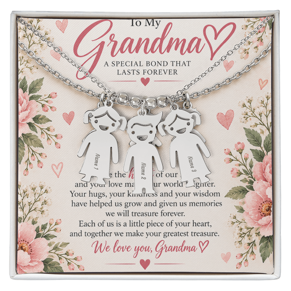 Personalised Grandma Necklace with Up to 3 Engraved Grandchild Charms – Gift for Grandma