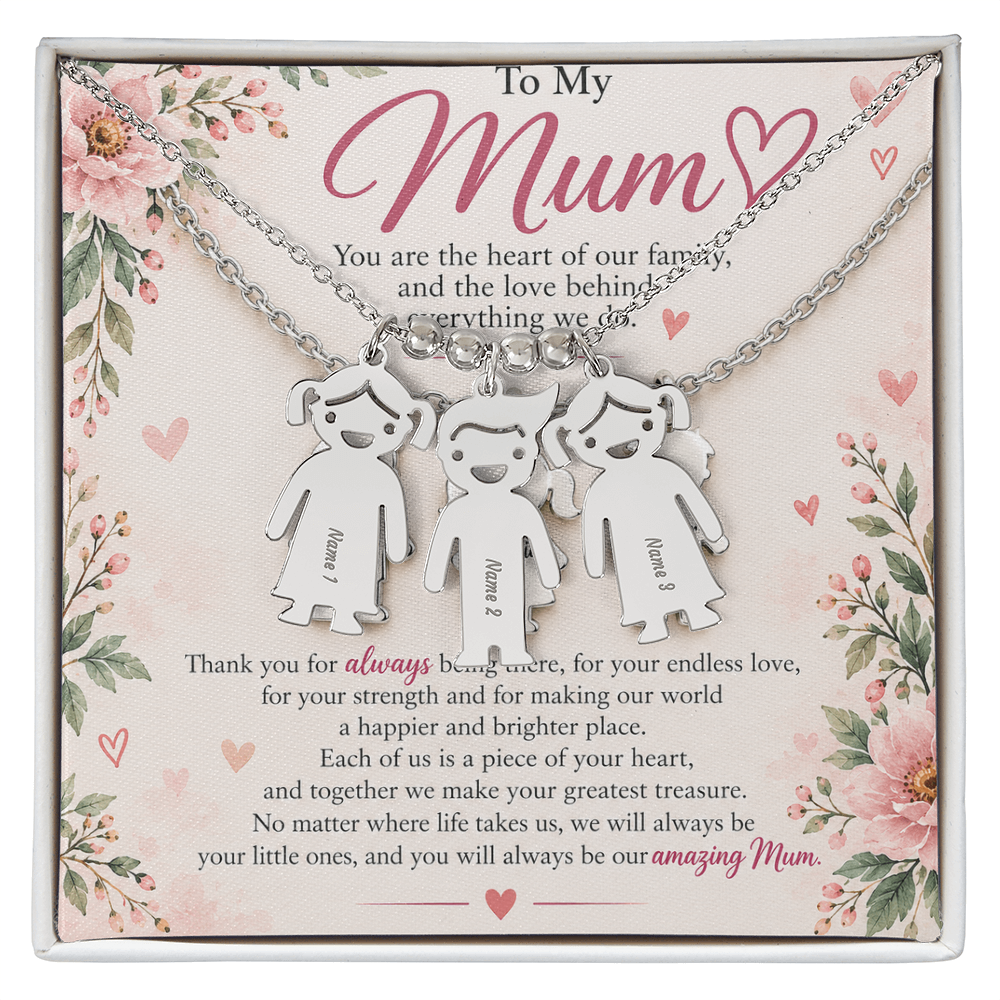 Personalised Mum Necklace with Up to 3 Engraved Child Charms – Mother's Gift