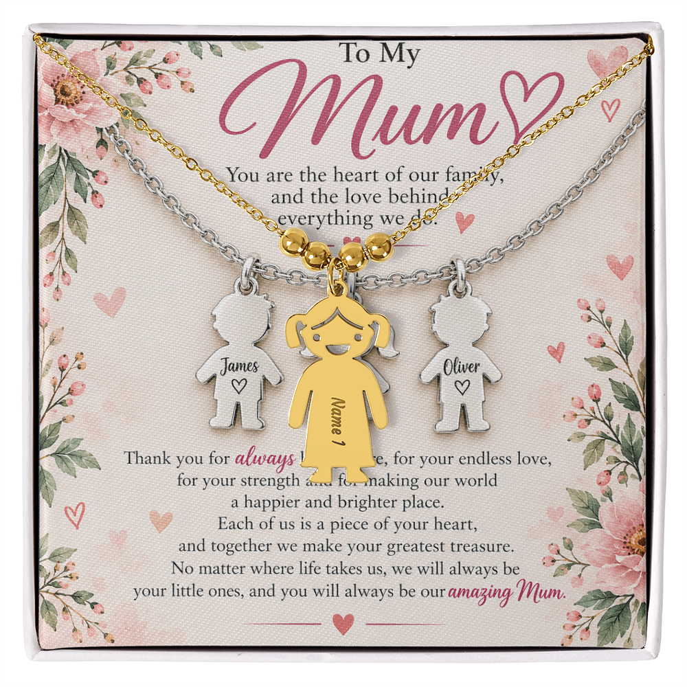 Personalised Mum Necklace with Up to 3 Engraved Child Charms – Mother's Gift