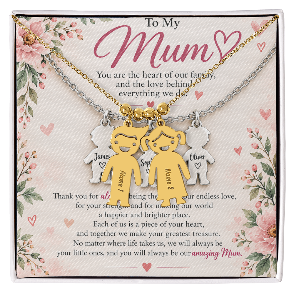 Personalised Mum Necklace with Up to 3 Engraved Child Charms – Mother's Gift