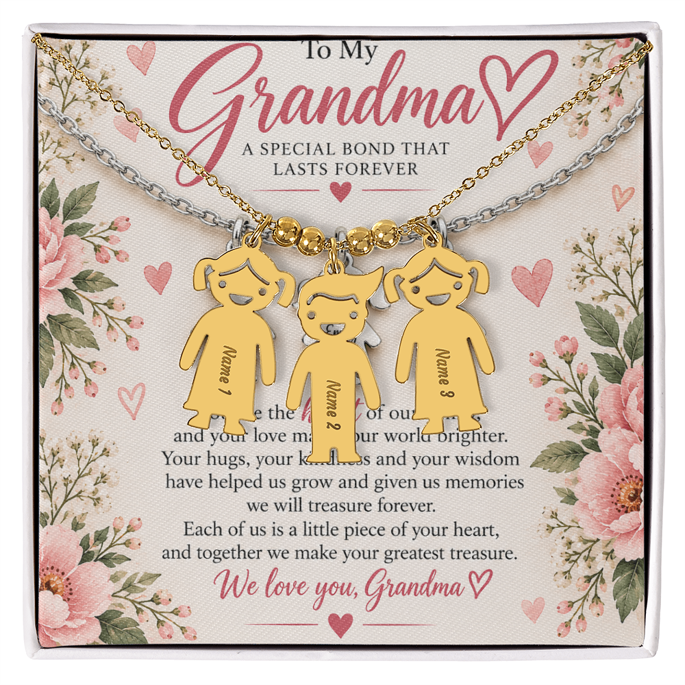 Personalised Grandma Necklace with Up to 3 Engraved Grandchild Charms – Gift for Grandma