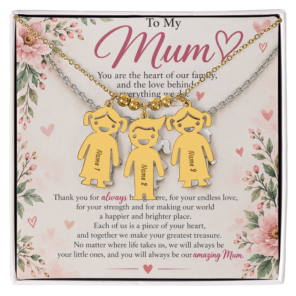 Personalised Mum Necklace with Up to 3 Engraved Child Charms – Mother's Gift