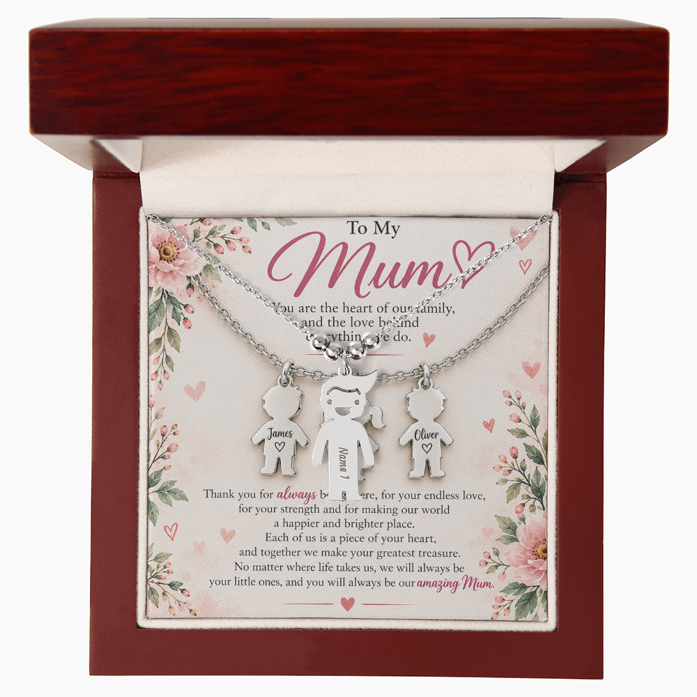 Personalised Mum Necklace with Up to 3 Engraved Child Charms – Mother's Gift