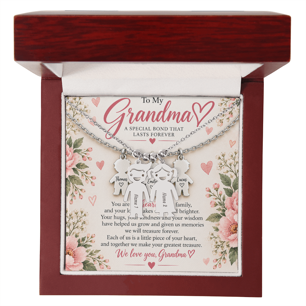 Personalised Grandma Necklace with Up to 3 Engraved Grandchild Charms – Gift for Grandma
