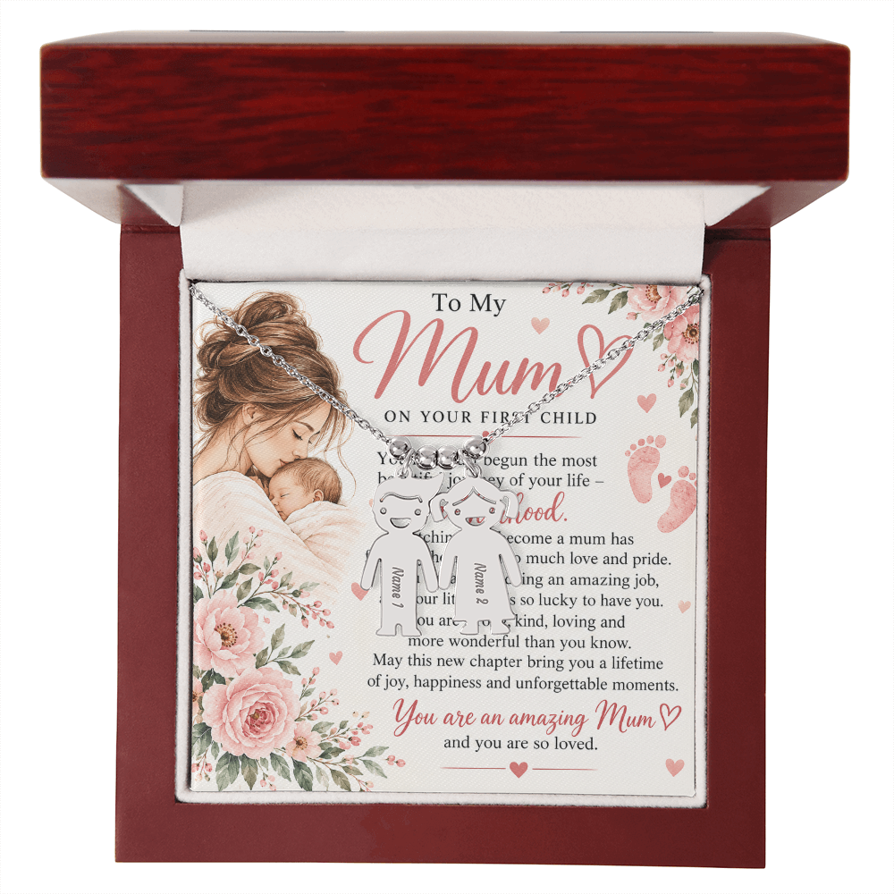 First-Time Mum Gift Engraved Charm Necklace – with Child Name  New Mother Keepsake