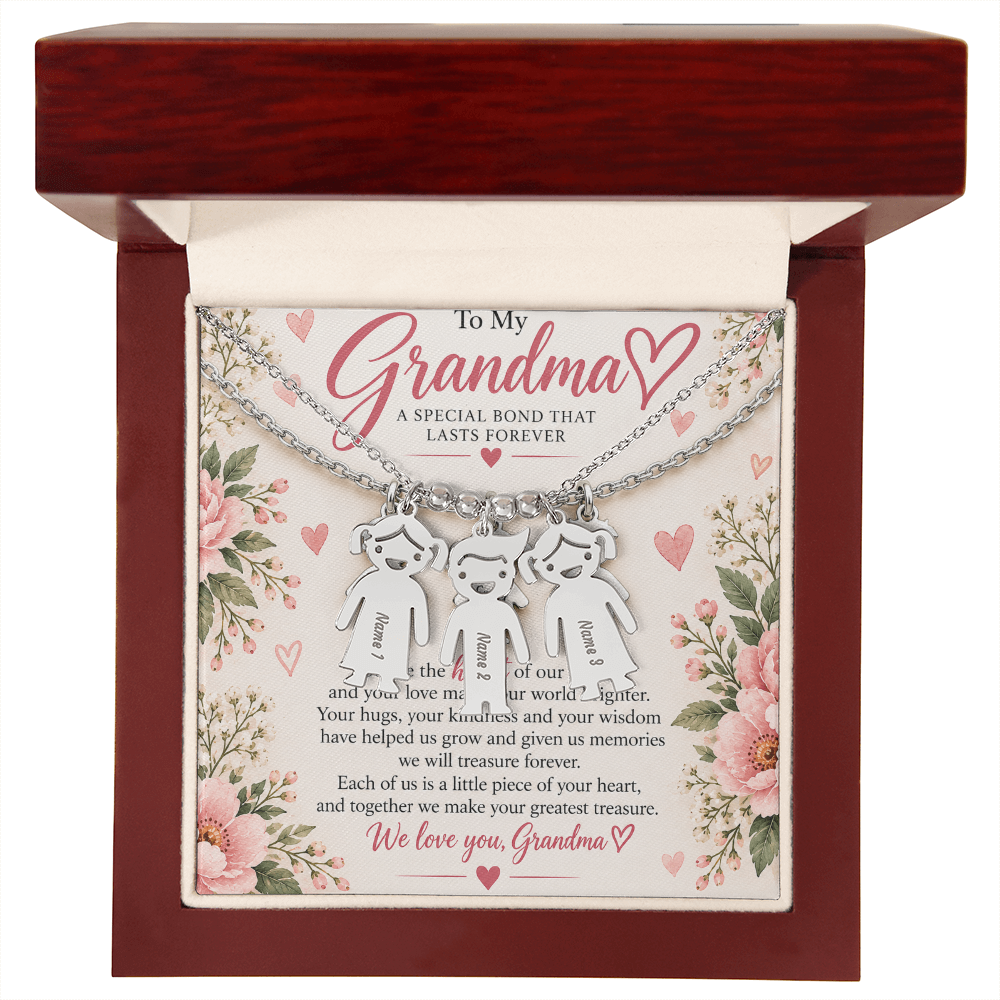Personalised Grandma Necklace with Up to 3 Engraved Grandchild Charms – Gift for Grandma