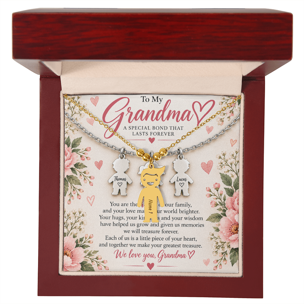 Personalised Grandma Necklace with Up to 3 Engraved Grandchild Charms – Gift for Grandma