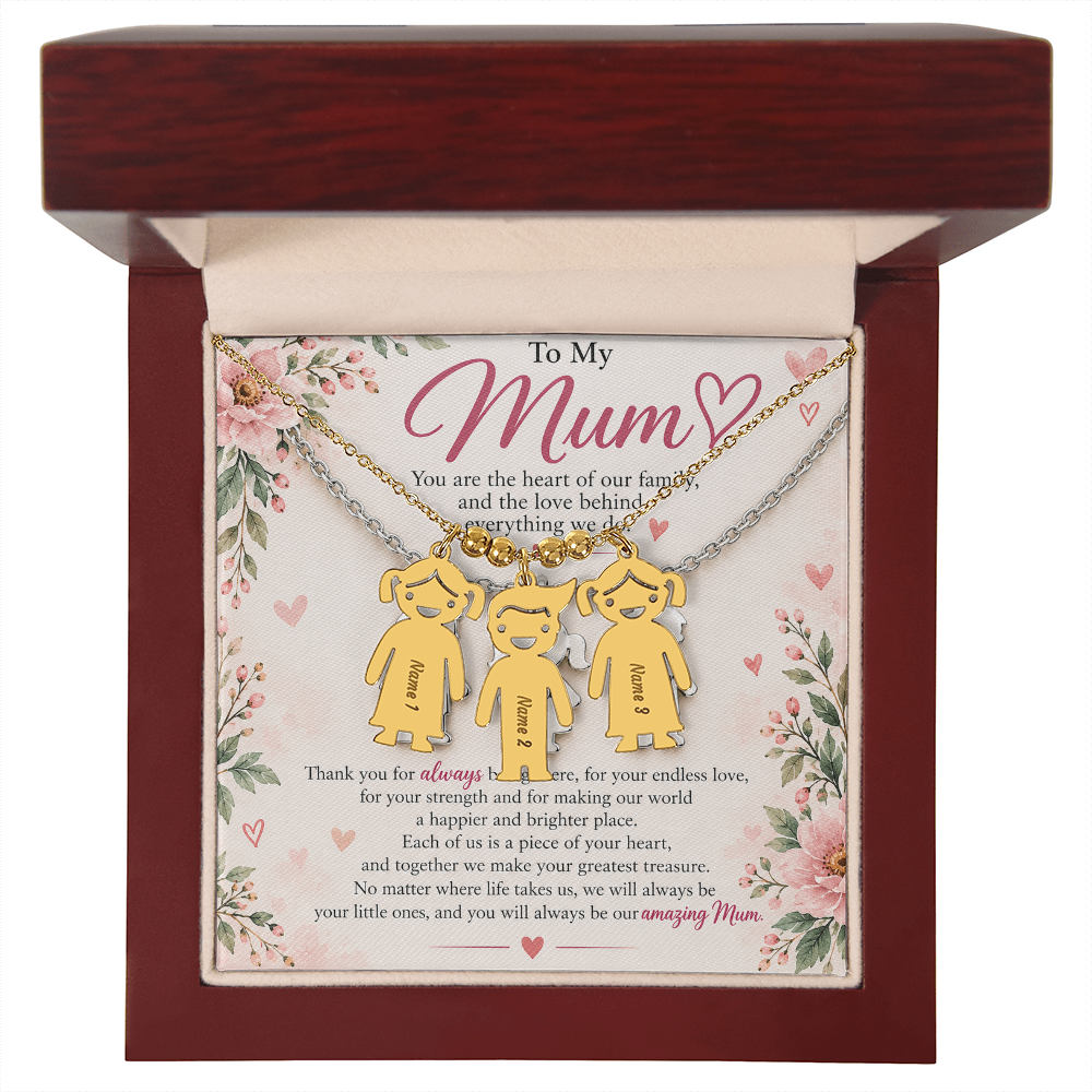 Personalised Mum Necklace with Up to 3 Engraved Child Charms – Mother's Gift