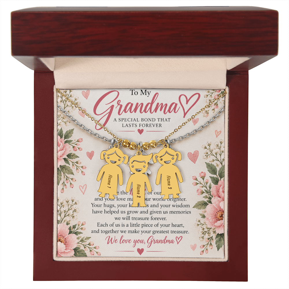 Personalised Grandma Necklace with Up to 3 Engraved Grandchild Charms – Gift for Grandma