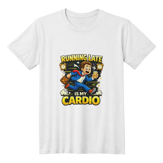 “Running Late Is My Cardio” Unisex T-Shirt – Funny Work Humor Graphic Tee, Front Print Casual Shirt, Gift for Busy People