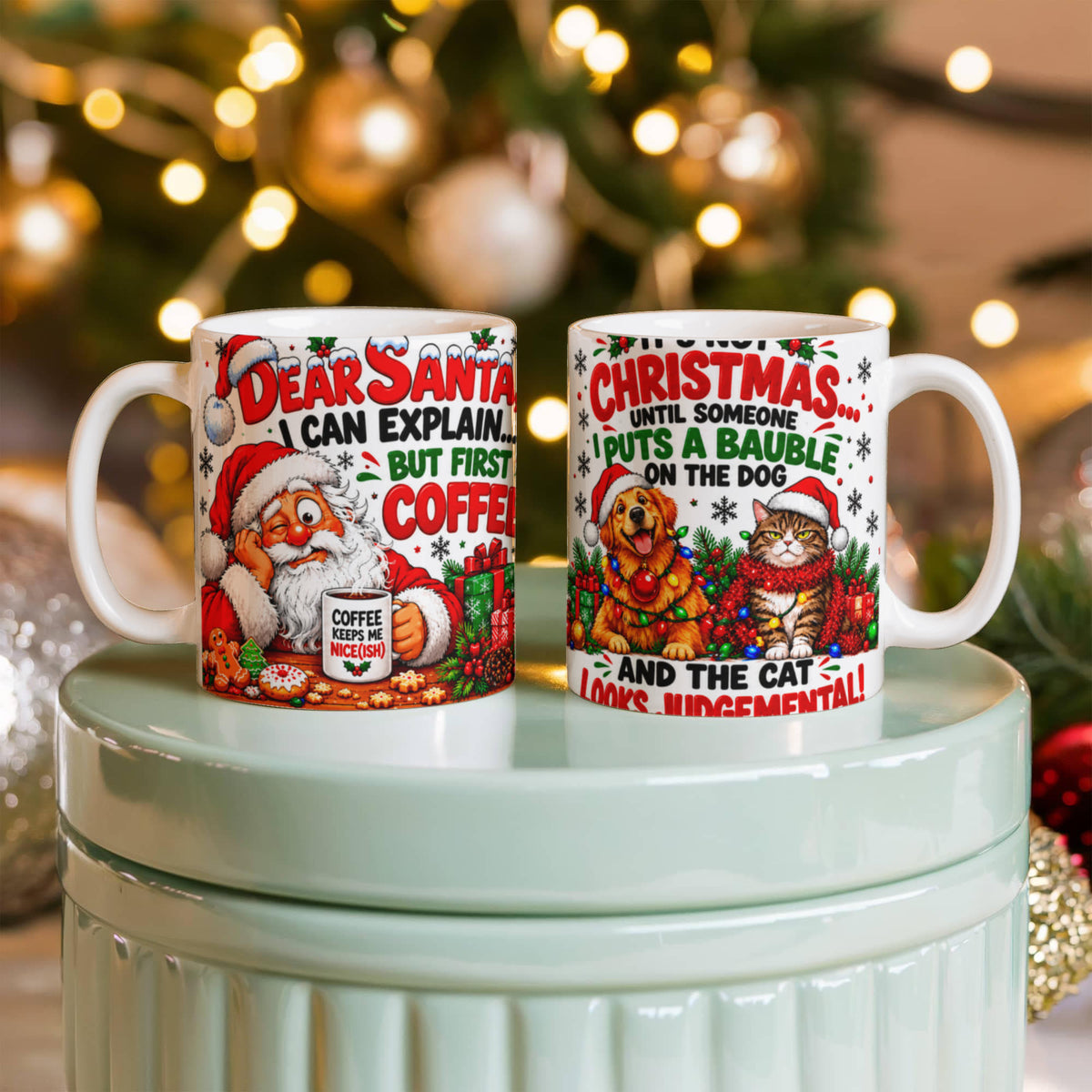 Funny Christmas Mug with Santa, Dog and Cat – Comical Festive Gift