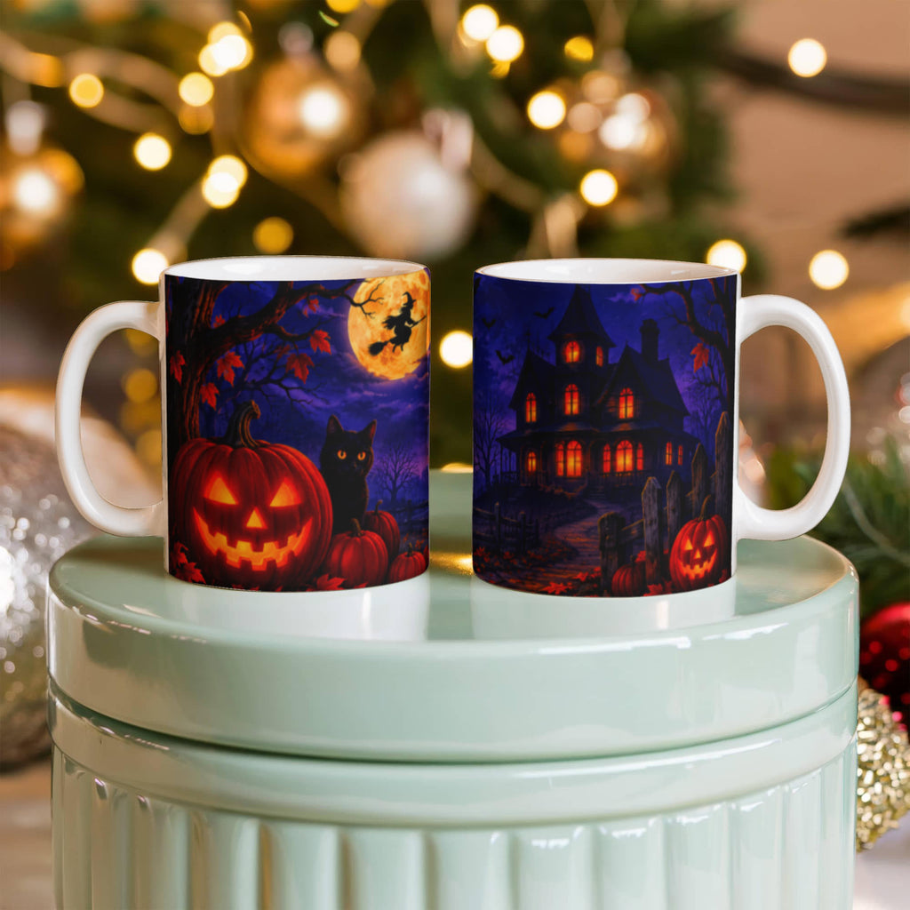 Halloween Mug Spooky Haunted House, Witch & Pumpkin Design