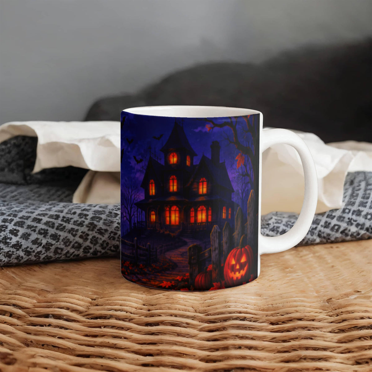 Halloween Mug Spooky Haunted House, Witch & Pumpkin Design