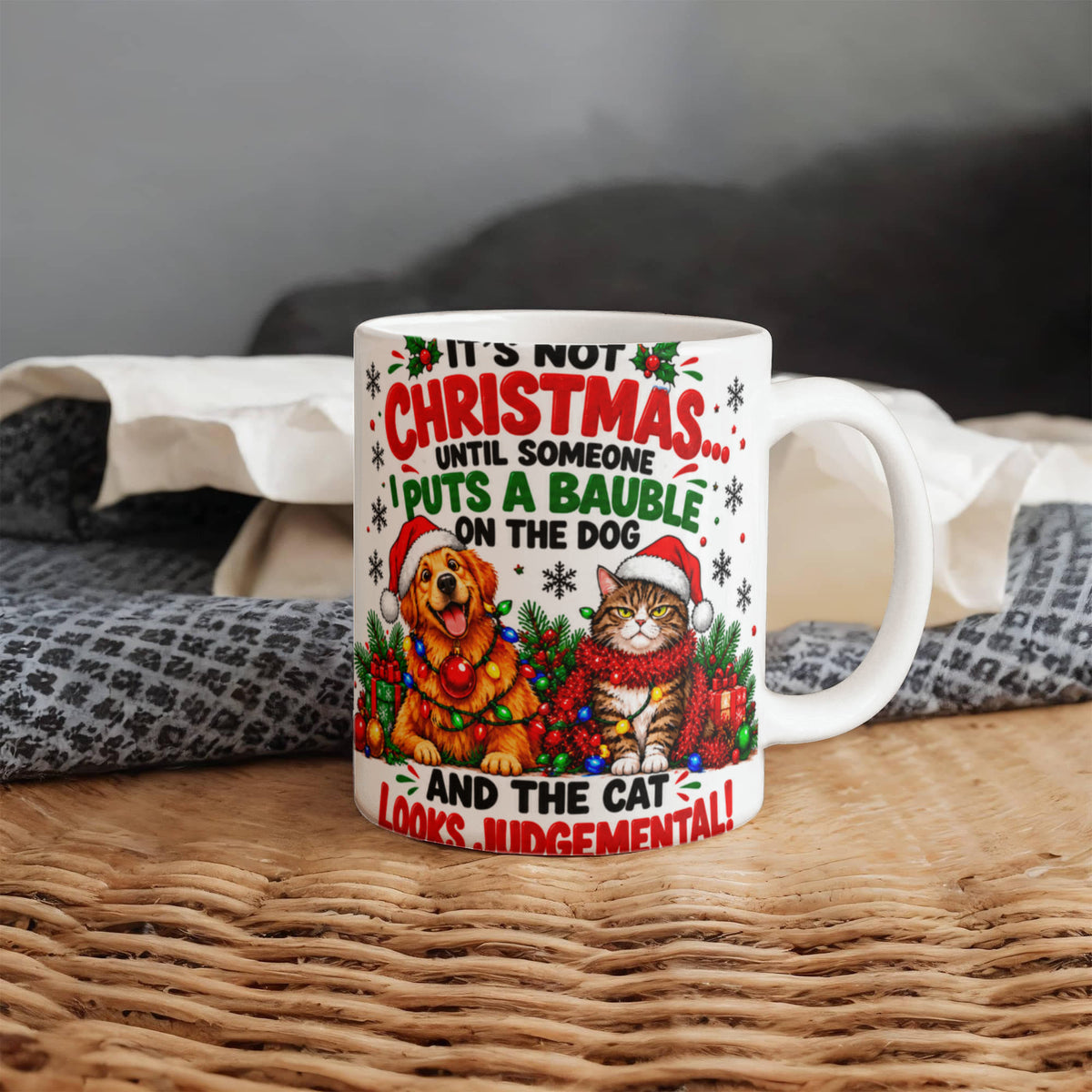 Funny Christmas Mug with Santa, Dog and Cat – Comical Festive Gift