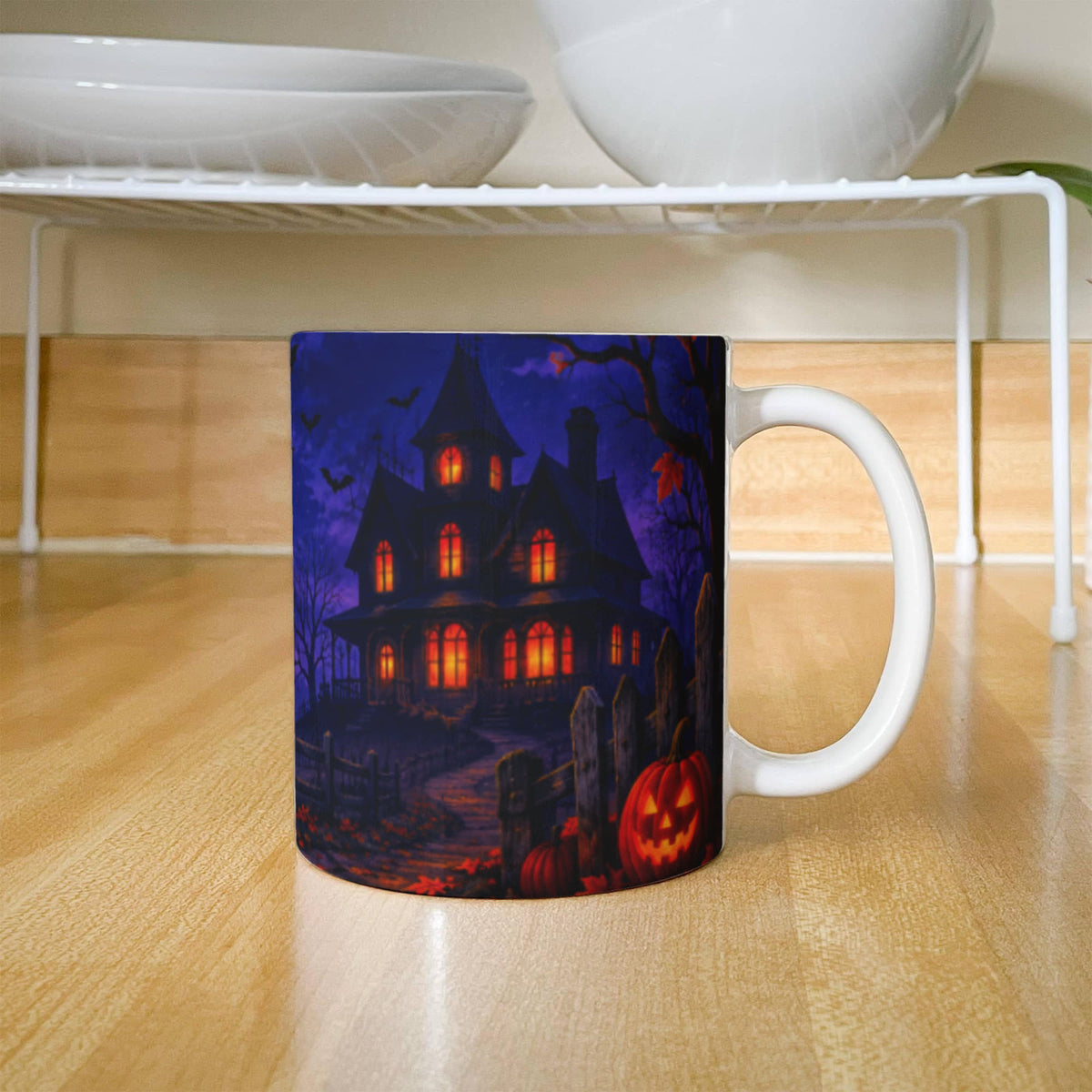 Halloween Mug Spooky Haunted House, Witch & Pumpkin Design