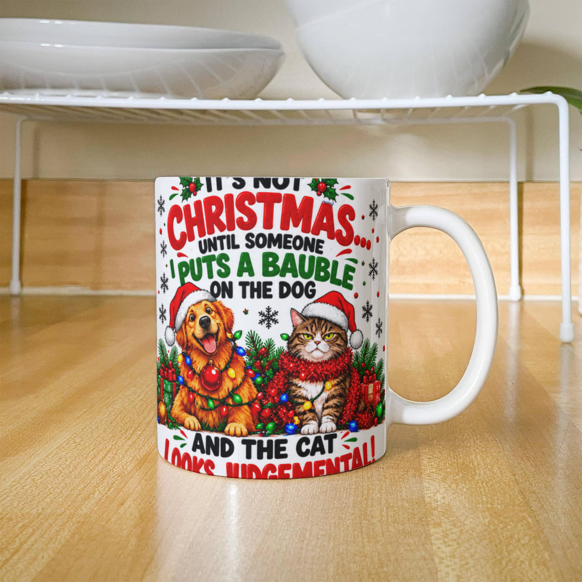 Funny Christmas Mug with Santa, Dog and Cat – Comical Festive Gift