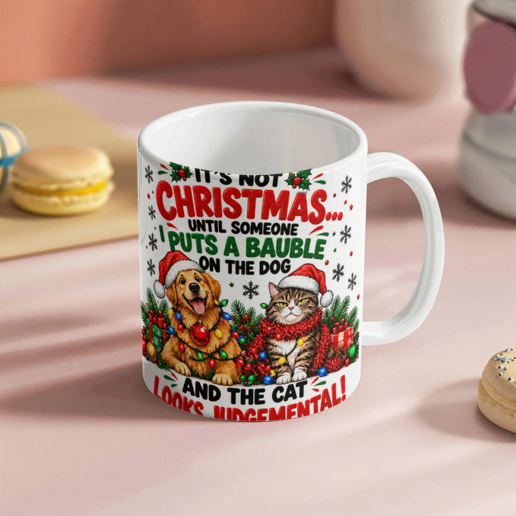 Funny Christmas Mug with Santa, Dog and Cat – Comical Festive Gift