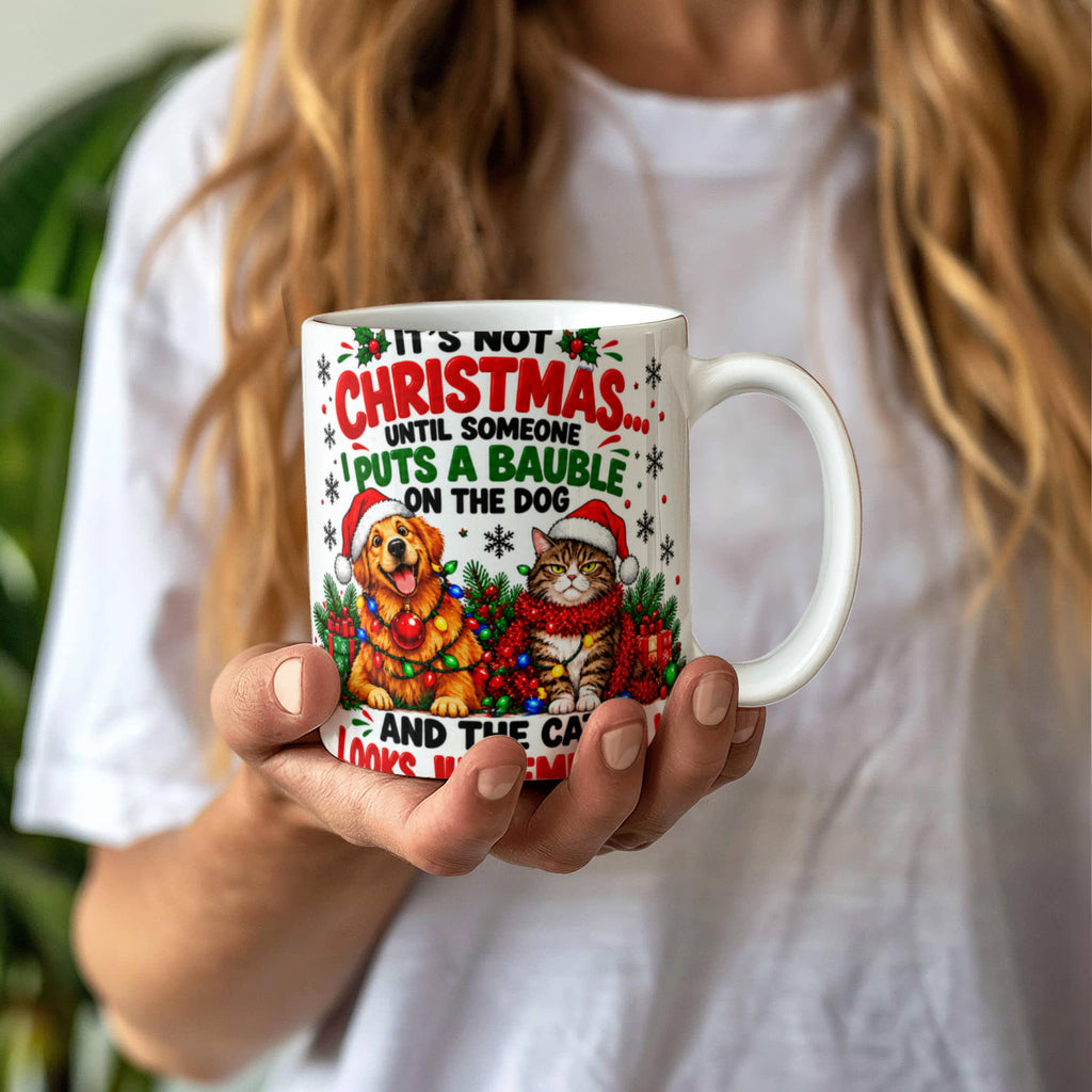 Funny Christmas Mug with Santa, Dog and Cat – Comical Festive Gift