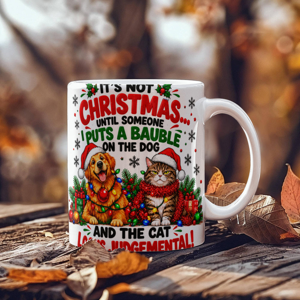 Funny Christmas Mug with Santa, Dog and Cat – Comical Festive Gift