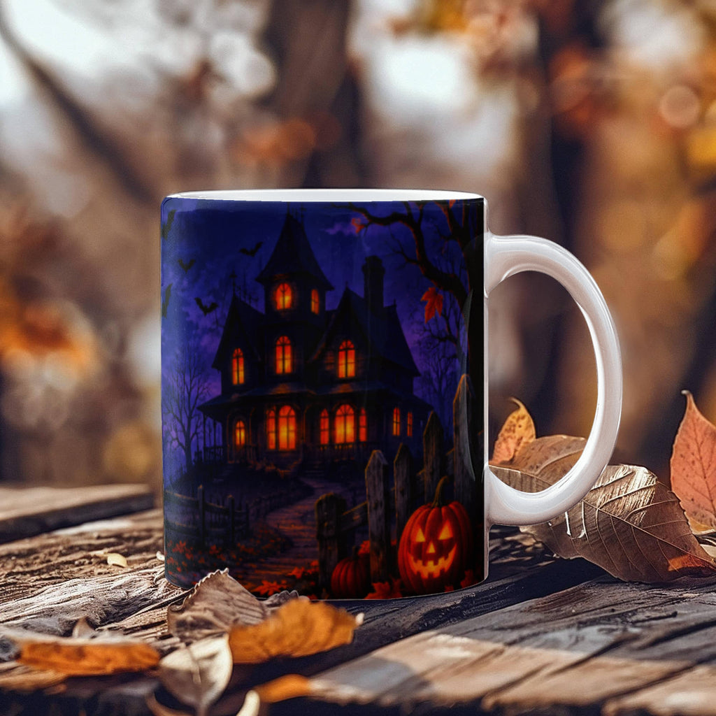 Halloween Mug Spooky Haunted House, Witch & Pumpkin Design
