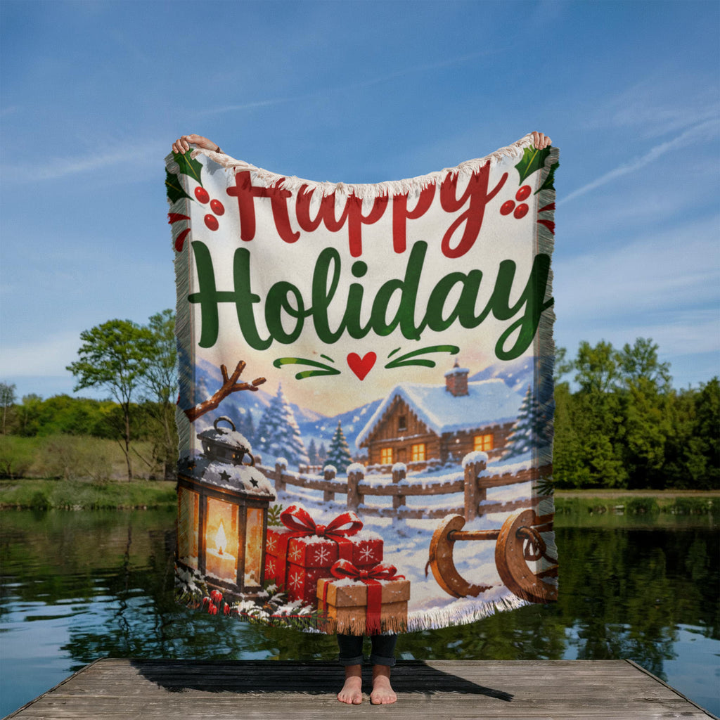 Happy Holidays Printed Woven Blanket – Festive Christmas Portrait Design