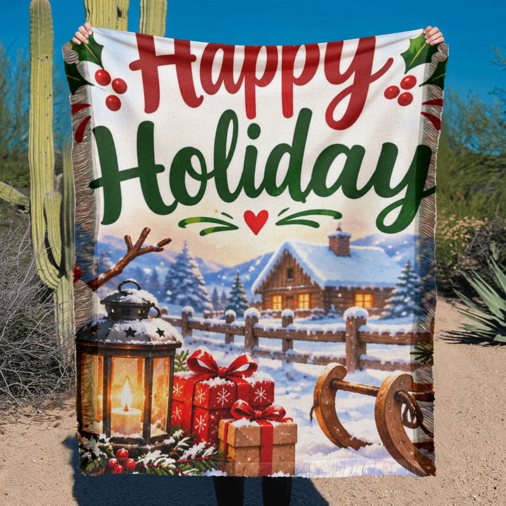 Happy Holidays Printed Woven Blanket – Festive Christmas Portrait Design