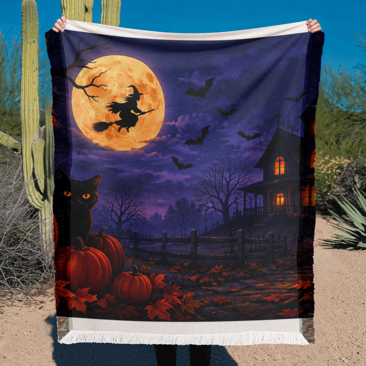 Halloween Printed Woven Blanket – Spooky Portrait Design