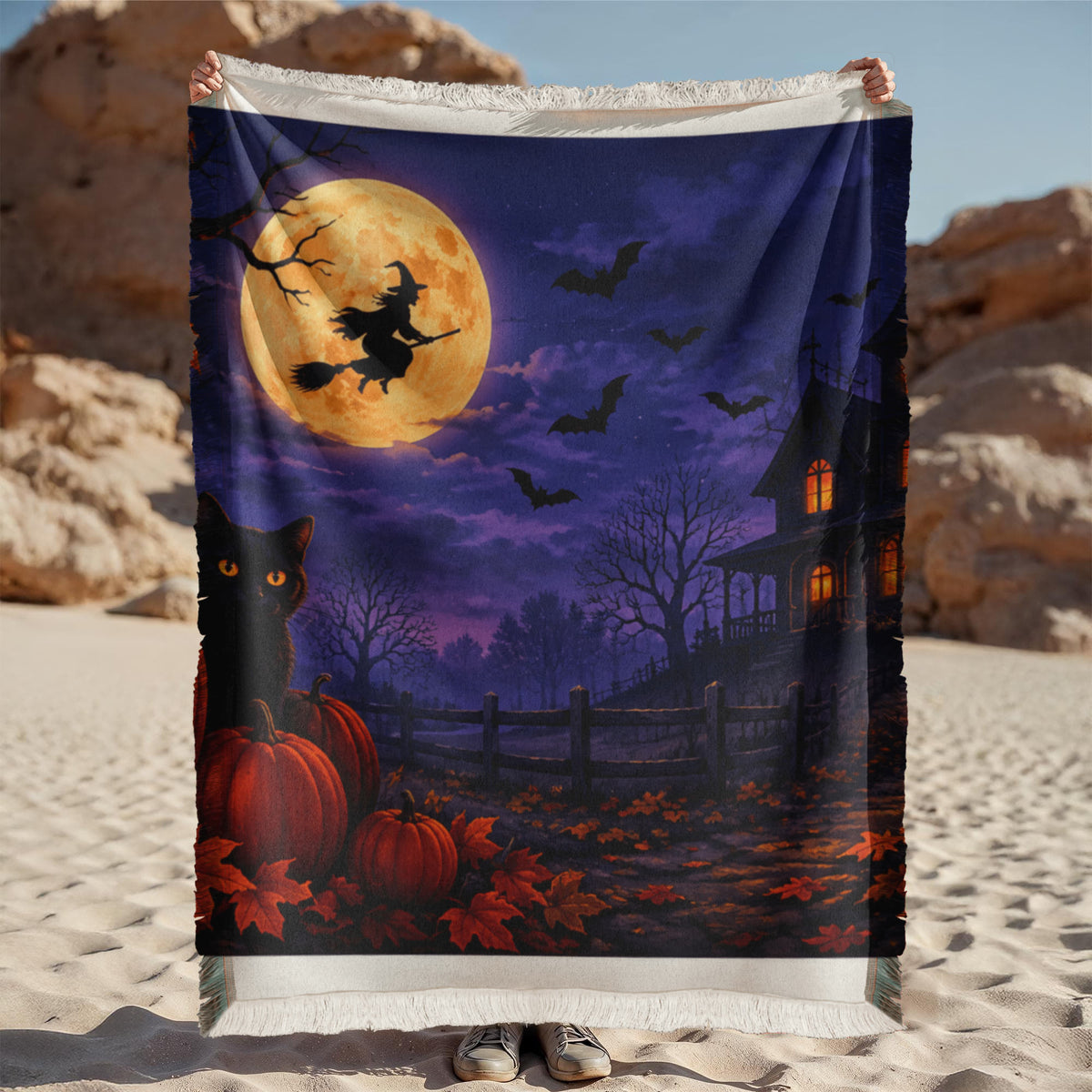 Halloween Printed Woven Blanket – Spooky Portrait Design
