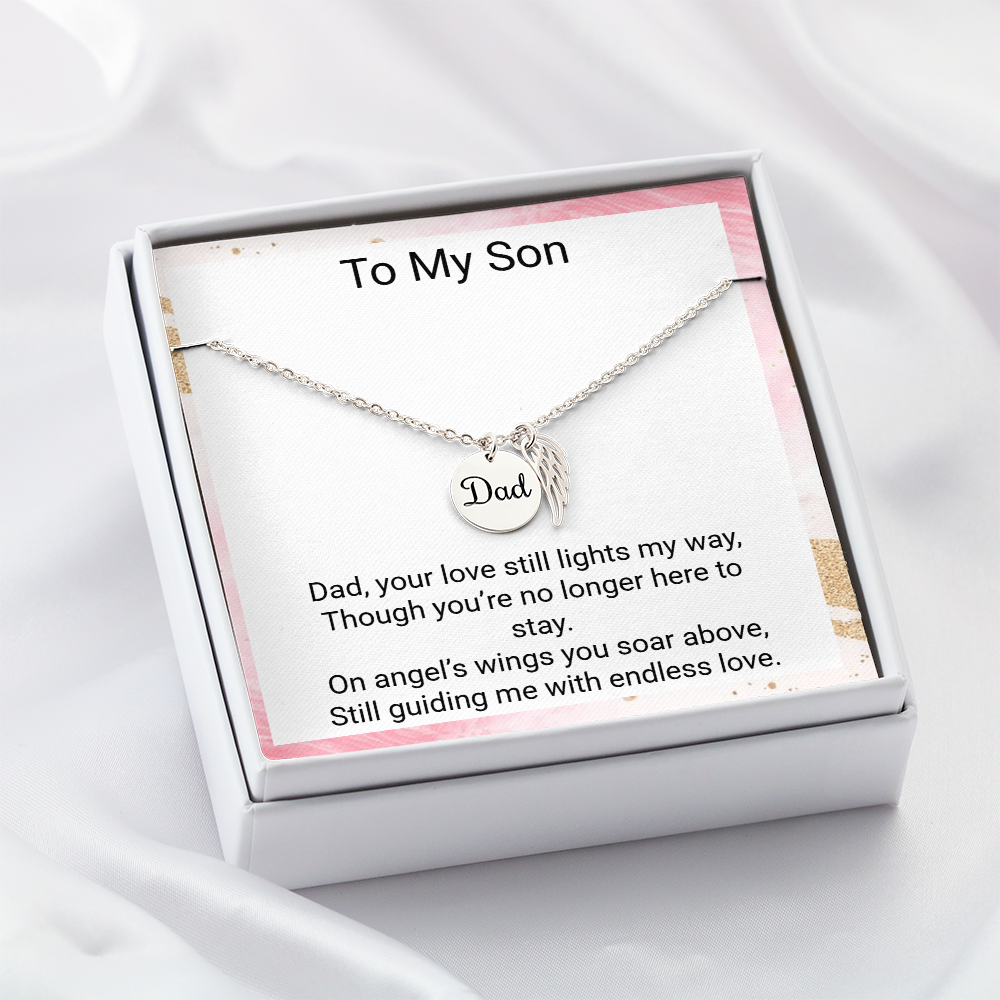 Sons Memorial Necklace from Mum – Angel Wing Dad Remembrance Gift