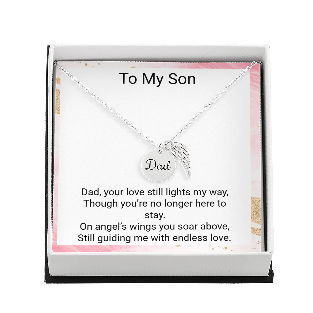 Sons Memorial Necklace from Mum – Angel Wing Dad Remembrance Gift