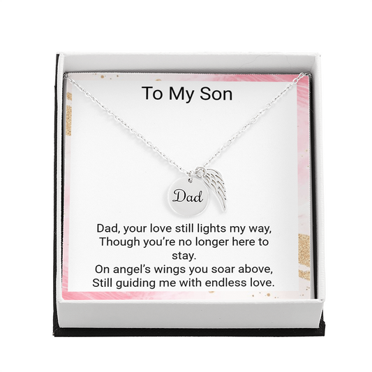 Sons Memorial Necklace from Mum – Angel Wing Dad Remembrance Gift