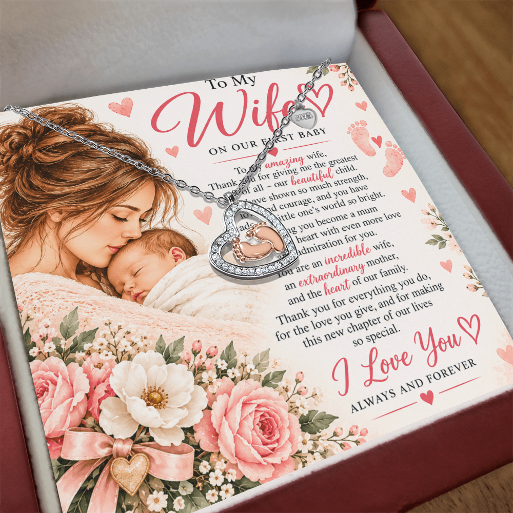 Baby Feet Heart Necklace for Wife – First Child Birth Gift
