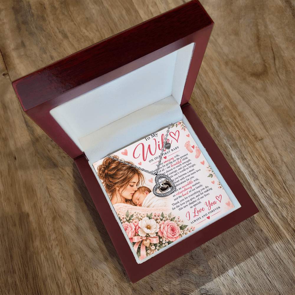 Baby Feet Heart Necklace for Wife – First Child Birth Gift