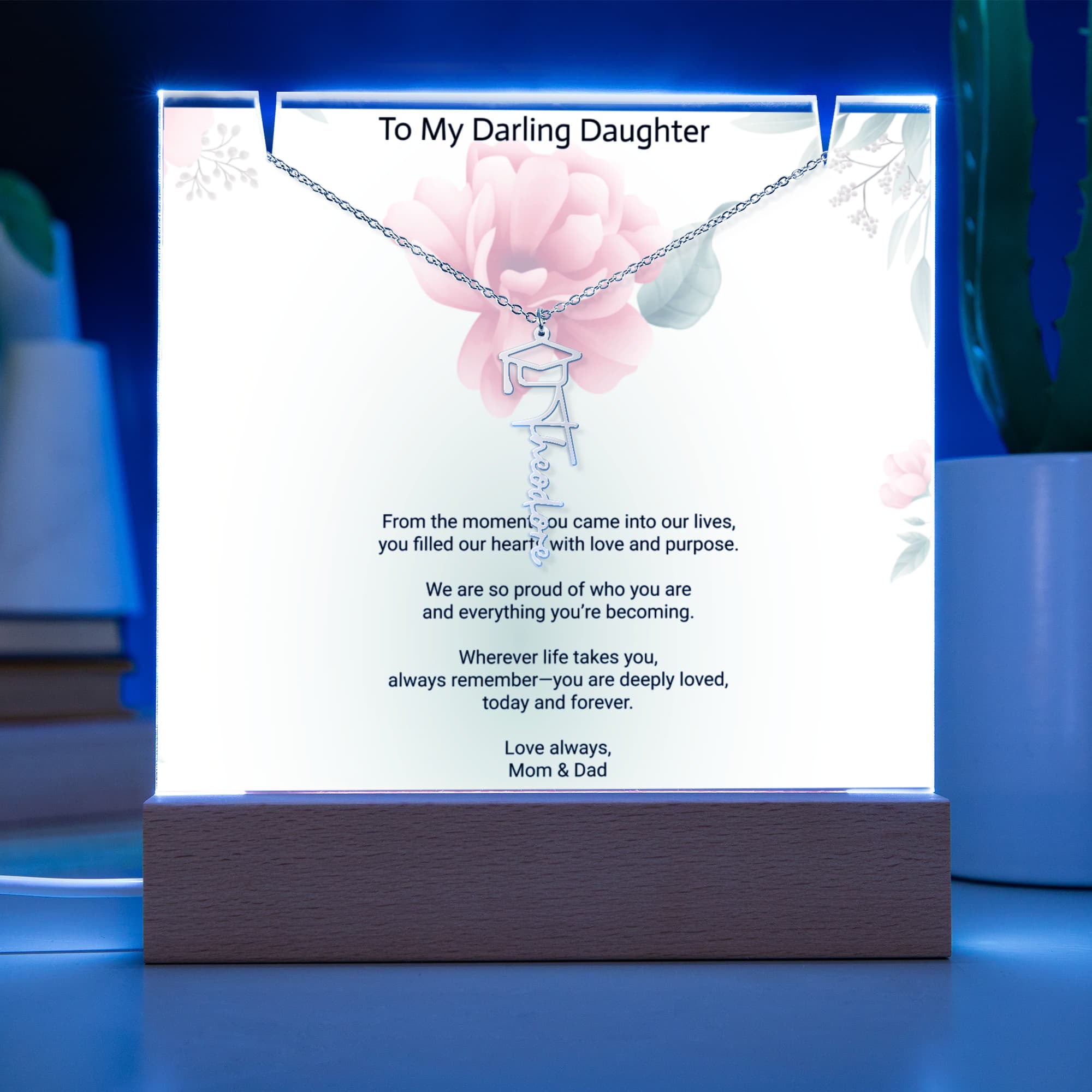 Daughter Graduation Keepsake Bundle – Custom Acrylic Plaque & Cap Name Necklace