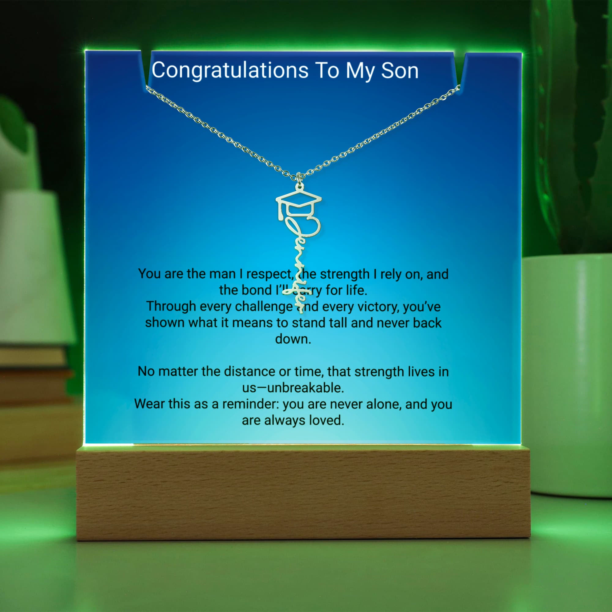 Graduation Gift for Son – Personalized Acrylic Keepsake with Name Necklace