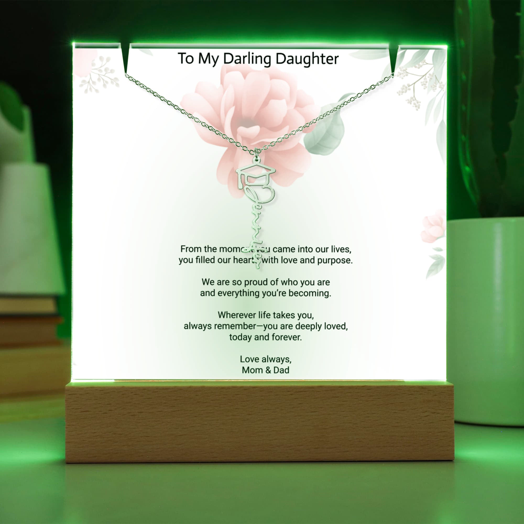 Daughter Graduation Keepsake Bundle – Custom Acrylic Plaque & Cap Name Necklace