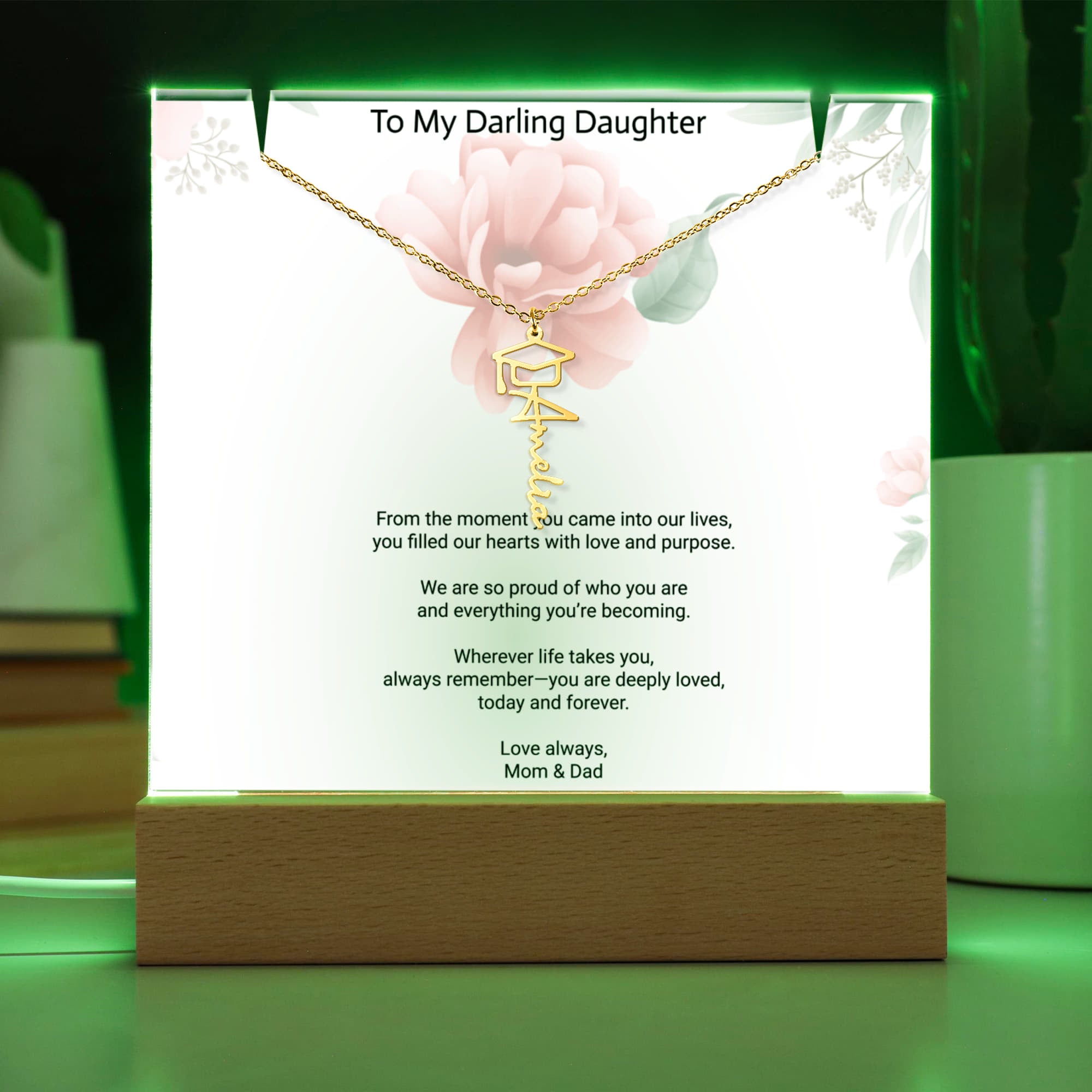 Daughter Graduation Keepsake Bundle – Custom Acrylic Plaque & Cap Name Necklace