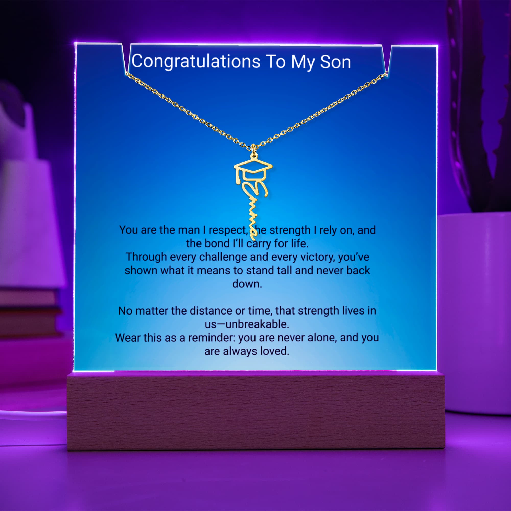 Graduation Gift for Son – Personalized Acrylic Keepsake with Name Necklace