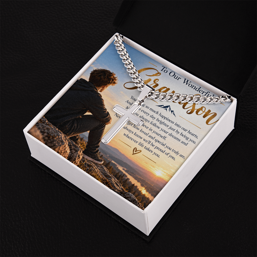 Grandson Gift Personalised Cross Necklace with Cuban Link Chain – Engraved Gift for Him
