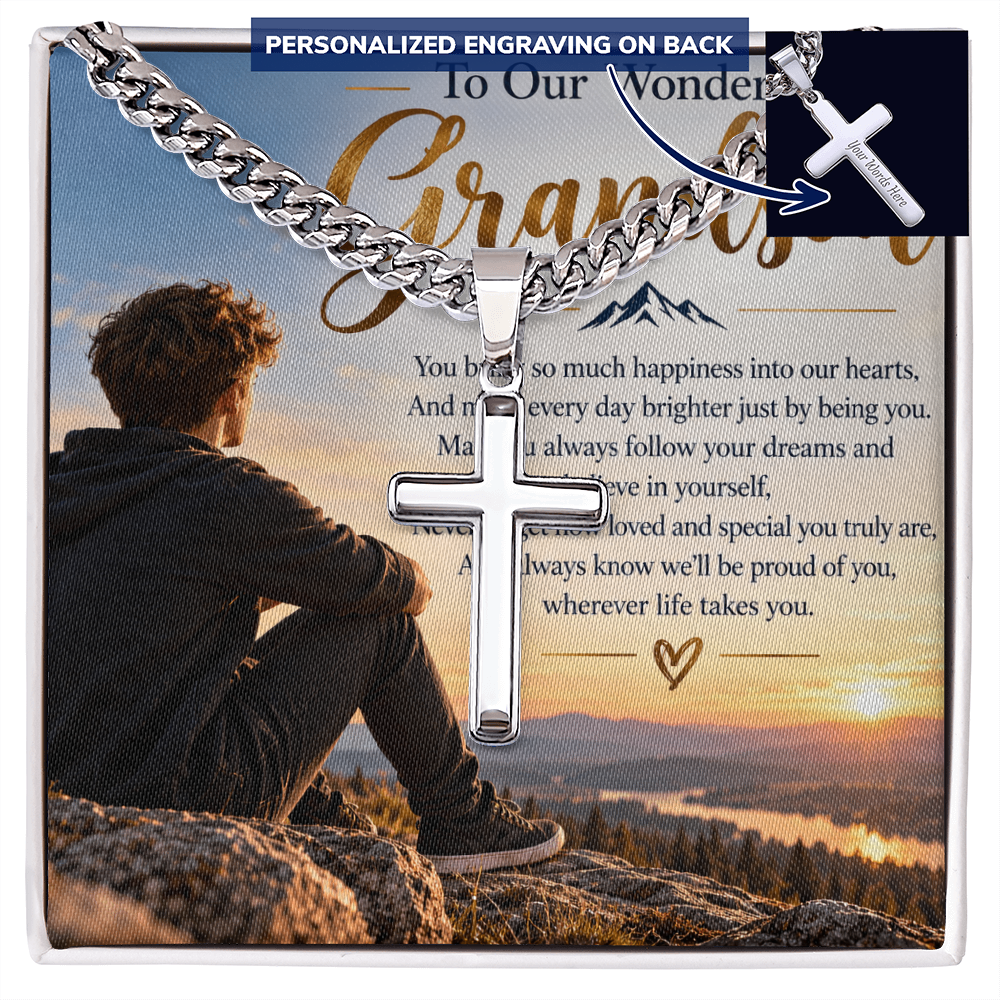 Grandson Gift Personalised Cross Necklace with Cuban Link Chain – Engraved Gift for Him