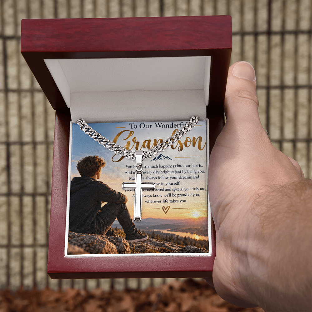 Grandson Gift Personalised Cross Necklace with Cuban Link Chain – Engraved Gift for Him