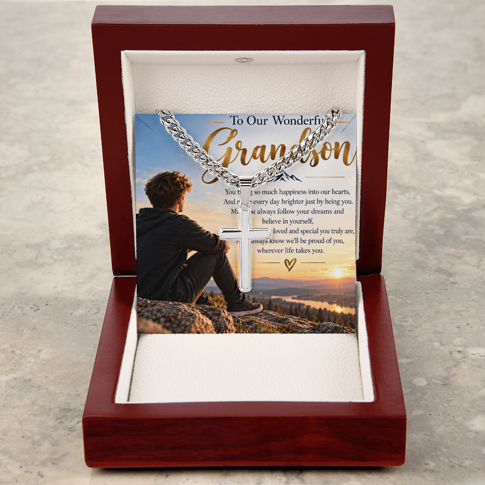 Grandson Gift Personalised Cross Necklace with Cuban Link Chain – Engraved Gift for Him