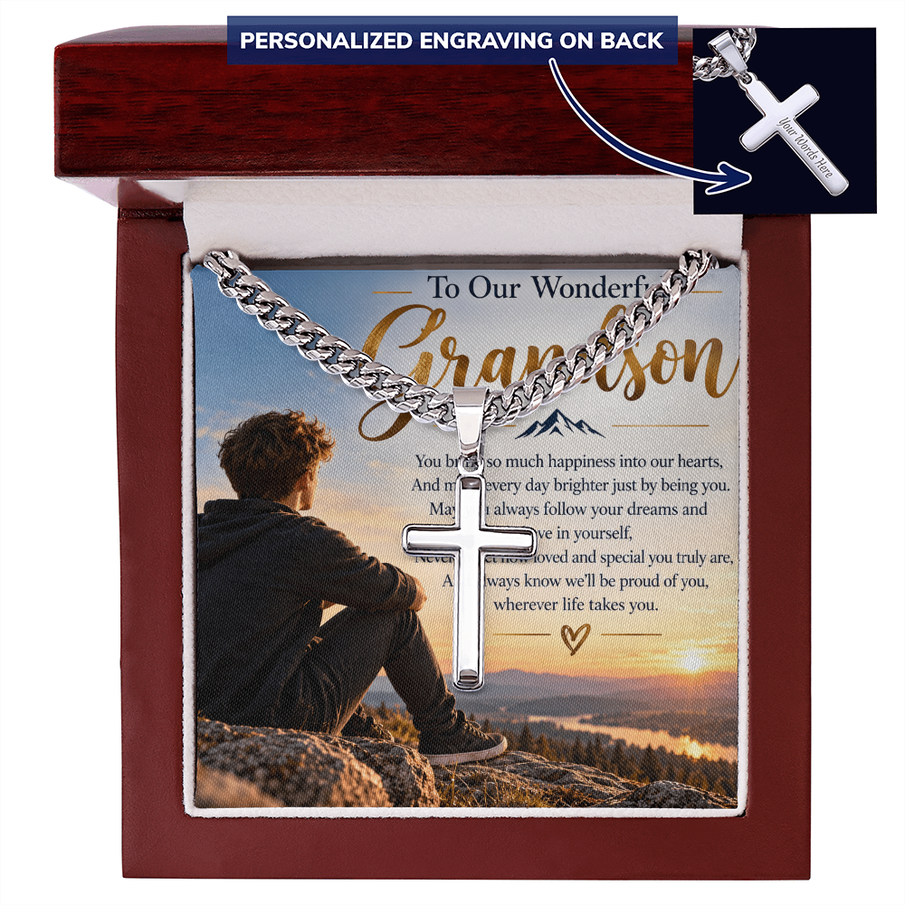 Grandson Gift Personalised Cross Necklace with Cuban Link Chain – Engraved Gift for Him