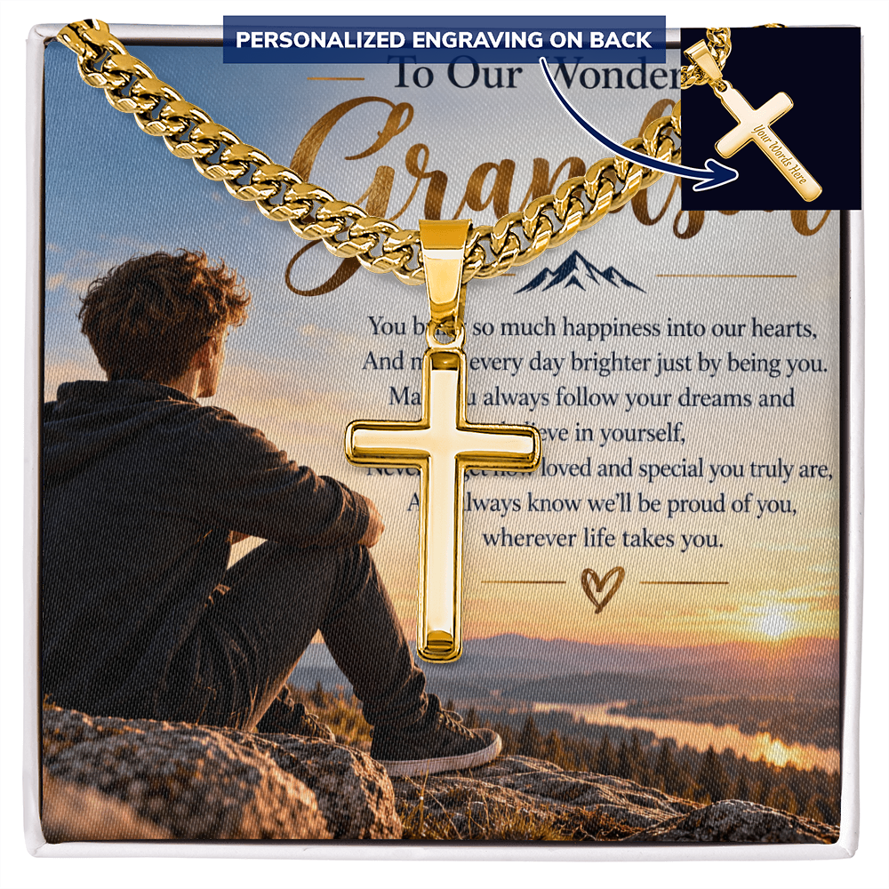 Grandson Gift Personalised Cross Necklace with Cuban Link Chain – Engraved Gift for Him