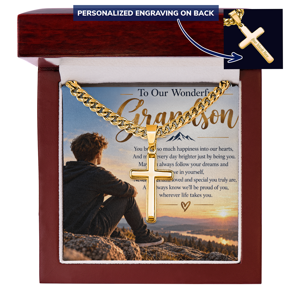 Grandson Gift Personalised Cross Necklace with Cuban Link Chain – Engraved Gift for Him