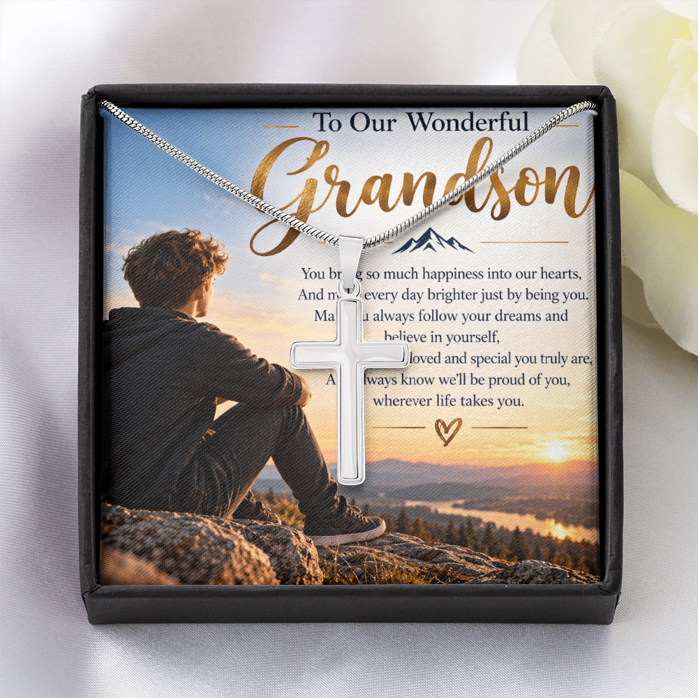 Grandson Gift Artisan Cross Necklace with Snake Chain – Meaningful Christian Gift for Him
